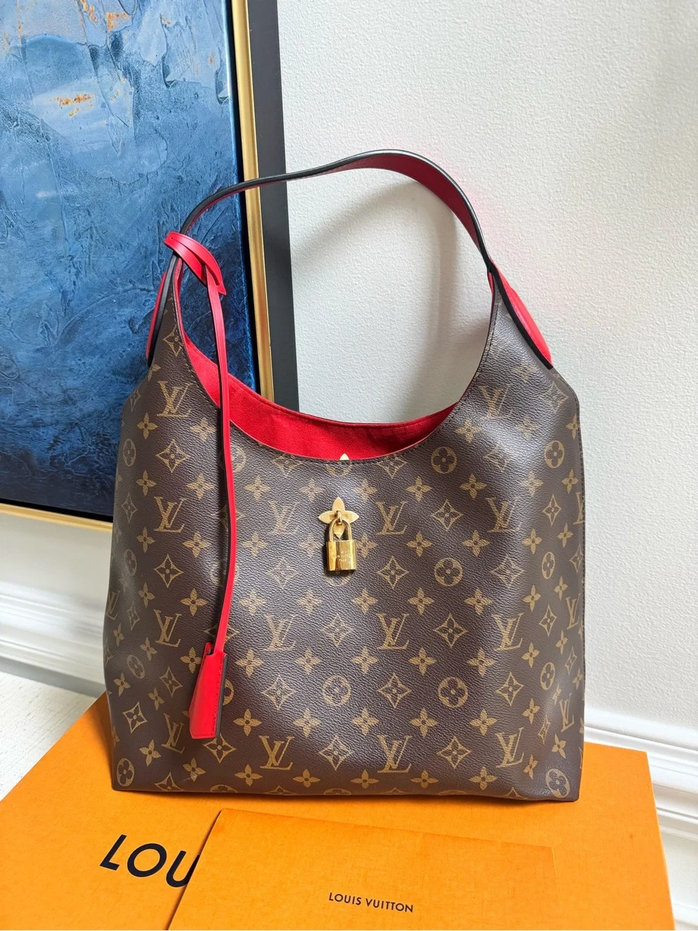 Louis Vuitton Brown Monogram Hobo with Red Trim and Gold Lock